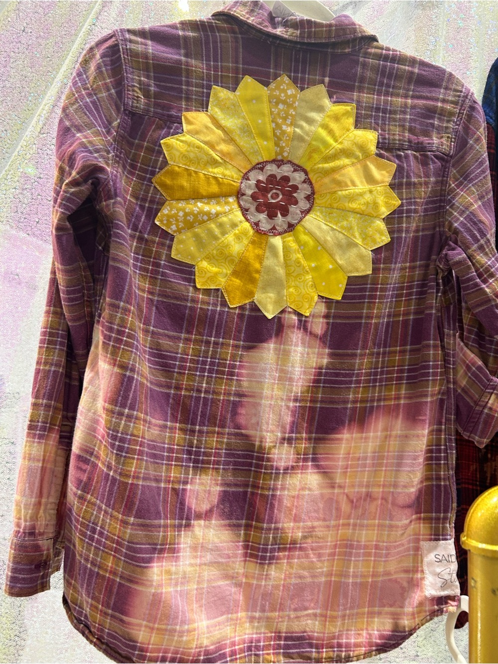 Handmade bleach style flannel Plaid Shirt with Yellow Sunflower Applique small
